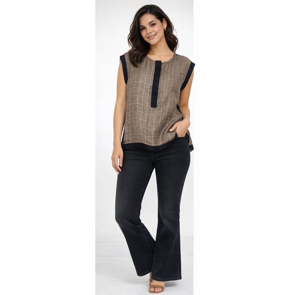 Vilagallo Brown Black 100% Silk Mini Check Plaid Button Up Blouse Women's 40-M